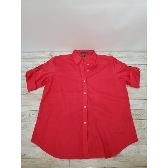 Lauren Ralph Lauren Red Button Down Large Women’s Roll Tab Sleeves - Picture 1 of 8